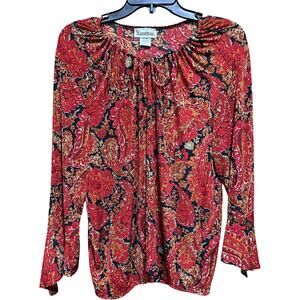 Carol Rose Blouse Plus 2X Black Red Paisley Boho Chic Floral Bell Sleeves
